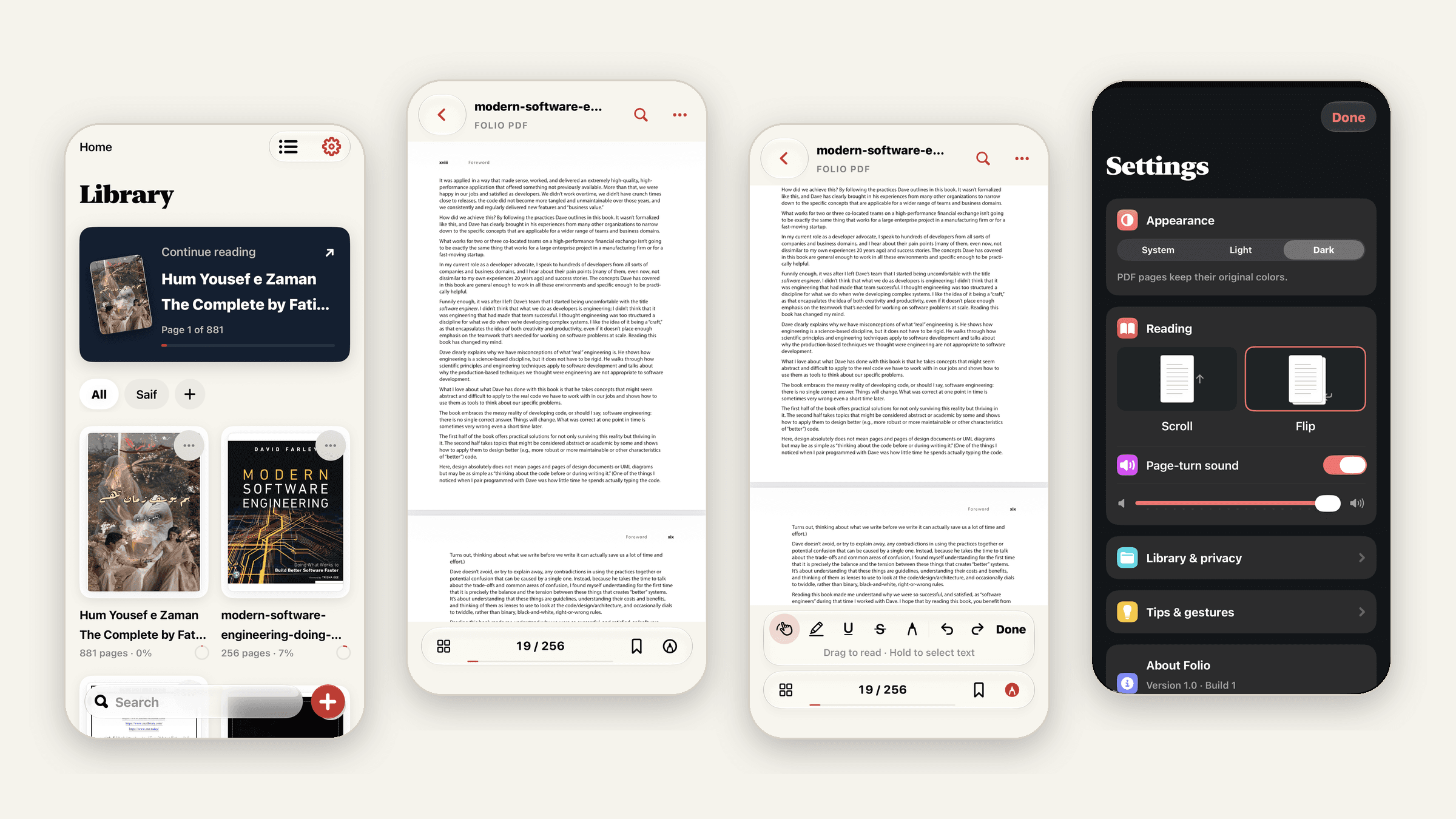 Four Folio PDF screens on iPhone: the library with a Continue reading card, a PDF page in scroll mode, the annotation toolbar and dark-mode settings with Flip reading