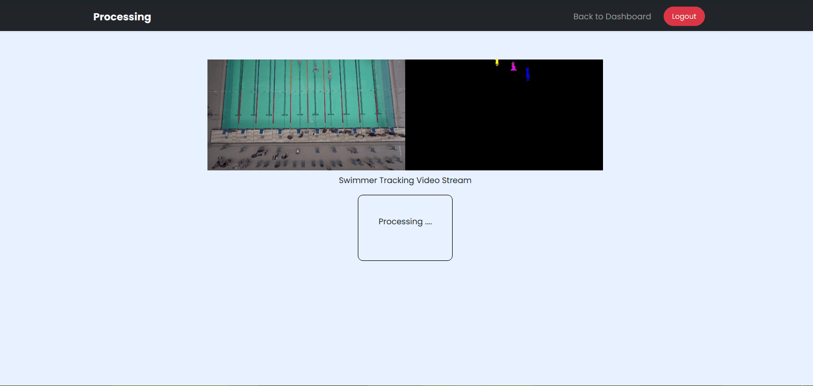 Swimmer tracking screen showing overhead pool race footage next to the detected swimmer positions